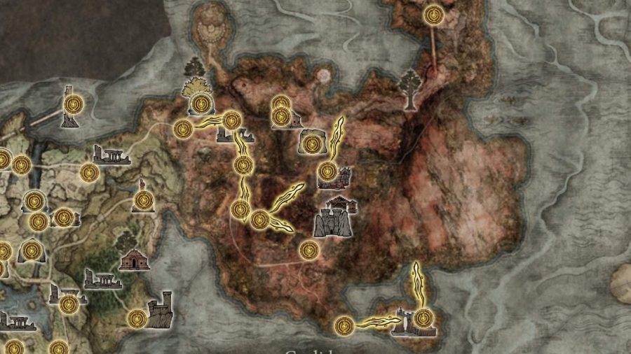 Elden Ring Rune Farming Spots: The map shows the location of the Caelid Rune farming spot.
