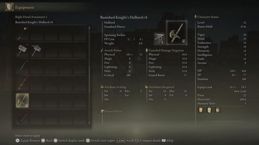 Elden Ring Best Weapons: The Banished Knight's Halberd can be seen in the menu