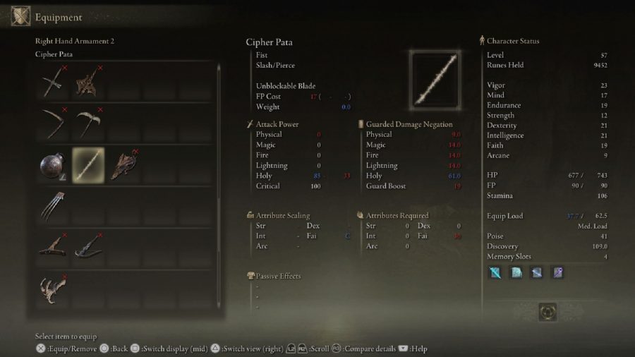 Elden Ring Best Weapons: The Cipher Pata can be seen in the menu.