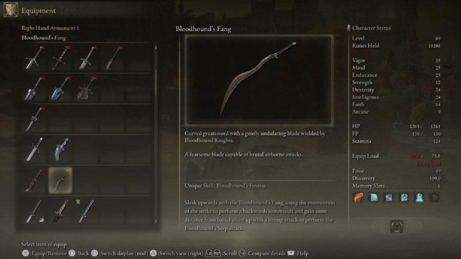 Elden Ring Best Weapons: The Bloodhound's Fang can be seen in the menu