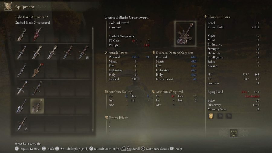 Elden Ring Best Weapons: The Grafted Blade Greatsword can be seen in the menu