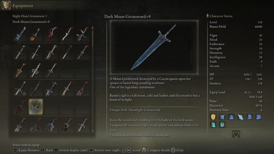 Elden Ring Best Weapons: The Dark Moon Greatsword can be seen in the menu
